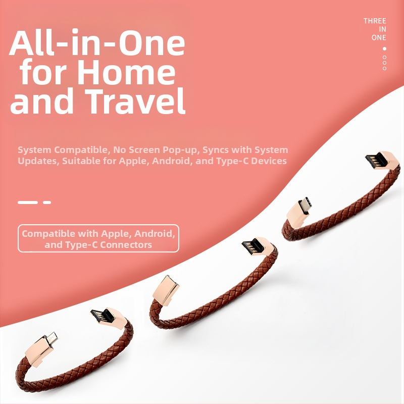 Гривна с кабел за данни за Apple/Huawei/Android — три интерфейса (Lightning, Micro USB, Type-C); едноизходово свързване; тъкан материал