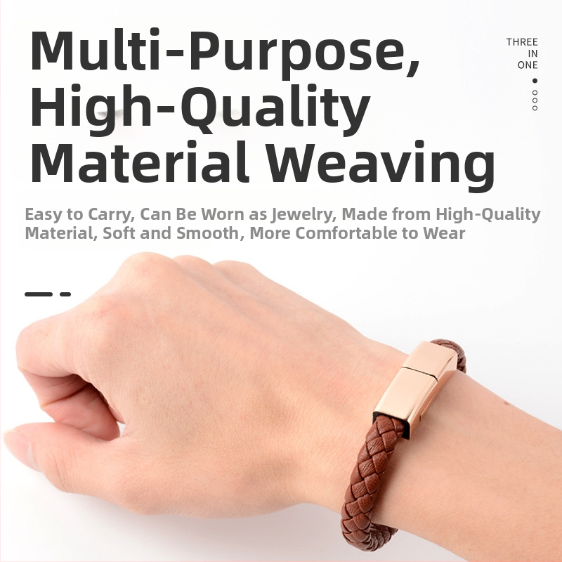 Гривна с кабел за данни за Apple/Huawei/Android — три интерфейса (Lightning, Micro USB, Type-C); едноизходово свързване; тъкан материал