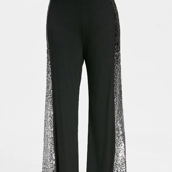 Дамски панталони с широк крак и пайети — градиентен дизайн; полиестрова смесена материя; без подплата; средна талия; без колан