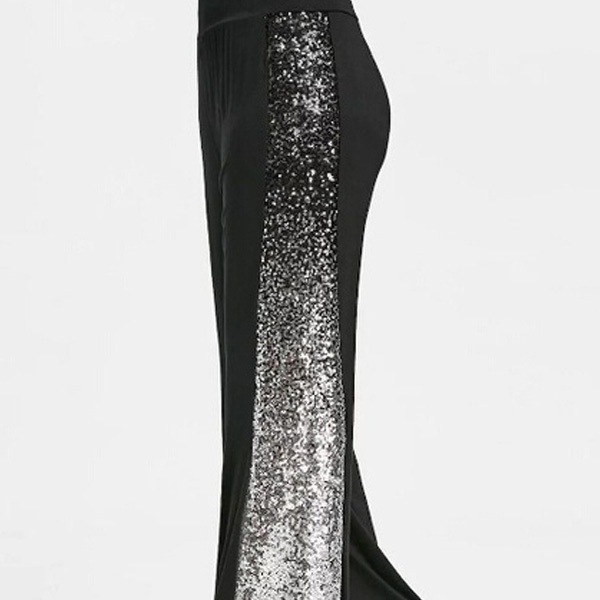 Дамски панталони с широк крак и пайети — градиентен дизайн; полиестрова смесена материя; без подплата; средна талия; без колан