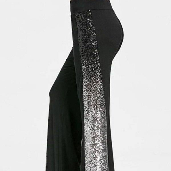 Дамски панталони с широк крак и пайети — градиентен дизайн; полиестрова смесена материя; без подплата; средна талия; без колан