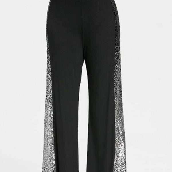 Дамски панталони с широк крак и пайети — градиентен дизайн; полиестрова смесена материя; без подплата; средна талия; без колан