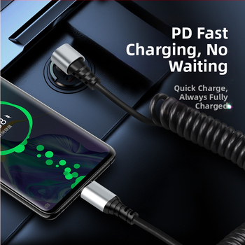 Automobilinis duomenų kabelis Type-C / Lightning su lenktu dizainu prieš lūžimą, ištraukiamas, 6A, grynas varis