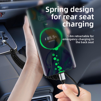 Automobilinis duomenų kabelis Type-C / Lightning su lenktu dizainu prieš lūžimą, ištraukiamas, 6A, grynas varis