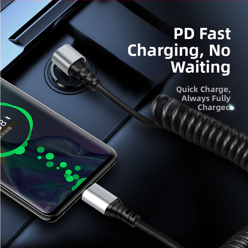 Автомобилен кабел за данни Type-C / Lightning, ъглов дизайн против счупване, прибиращ се, 6A, чиста медна тел