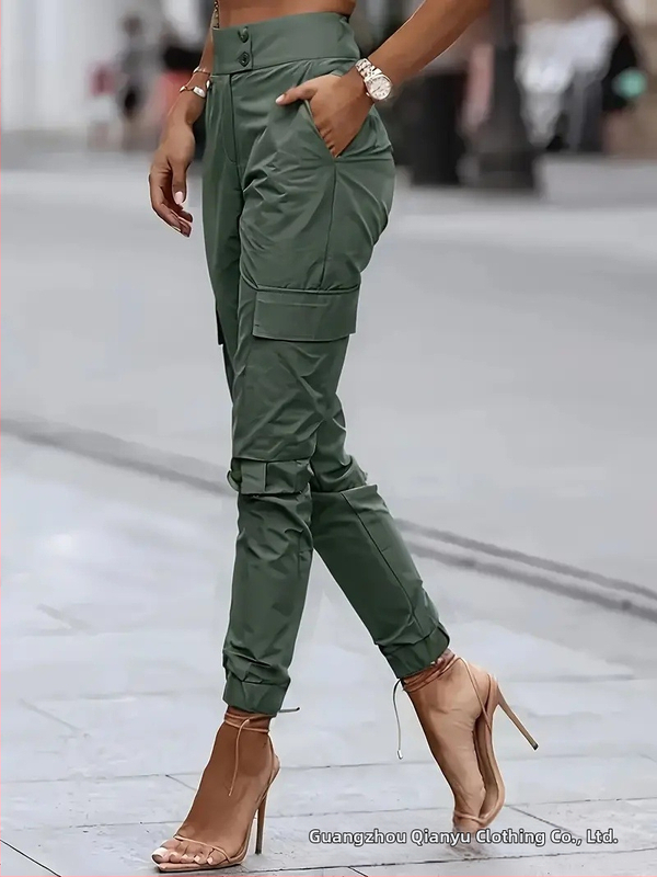 Dámske pracovné nohavice s vysokým pásom a širšími nohami - polyesterová zmes 95%+, značka Lanzibes, panelový dizajn