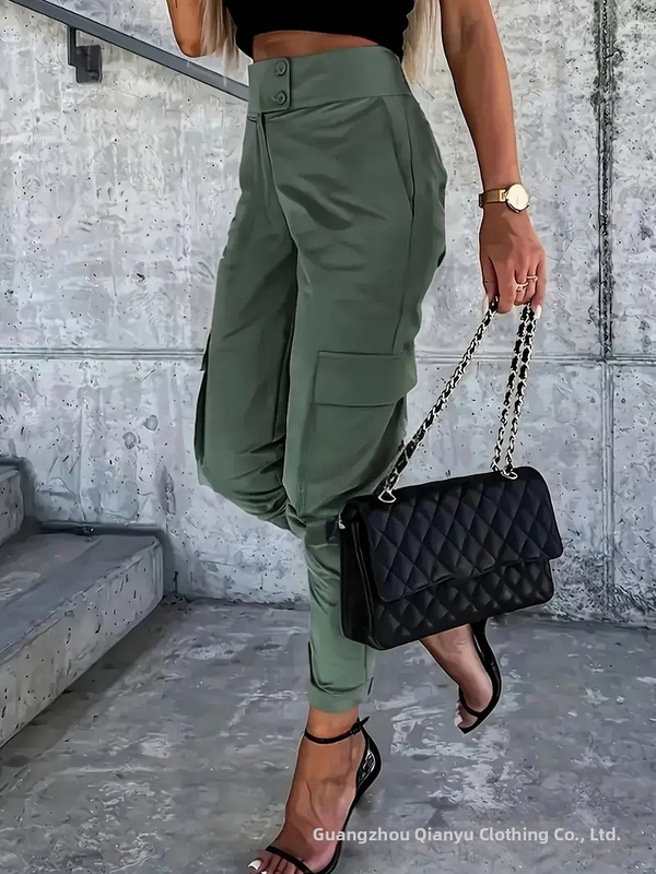 Dámske pracovné nohavice s vysokým pásom a širšími nohami - polyesterová zmes 95%+, značka Lanzibes, panelový dizajn