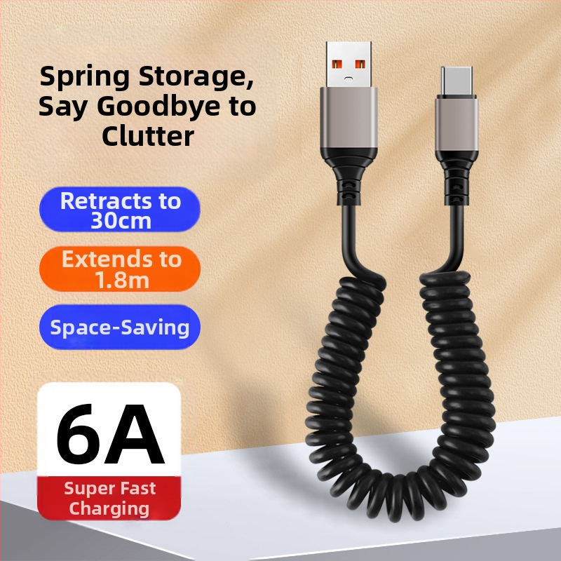 Автомобилен прибиращ се зареждащ кабел (Lightning и Type-C) 66W, 6A бързо зареждане, ТПЕ + алуминиев сплав