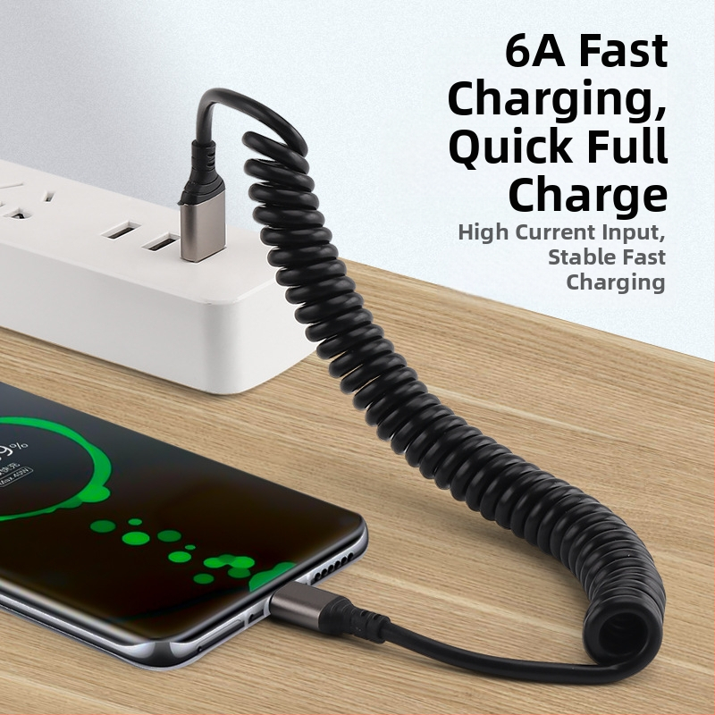 Автомобилен прибиращ се зареждащ кабел (Lightning и Type-C) 66W, 6A бързо зареждане, ТПЕ + алуминиев сплав