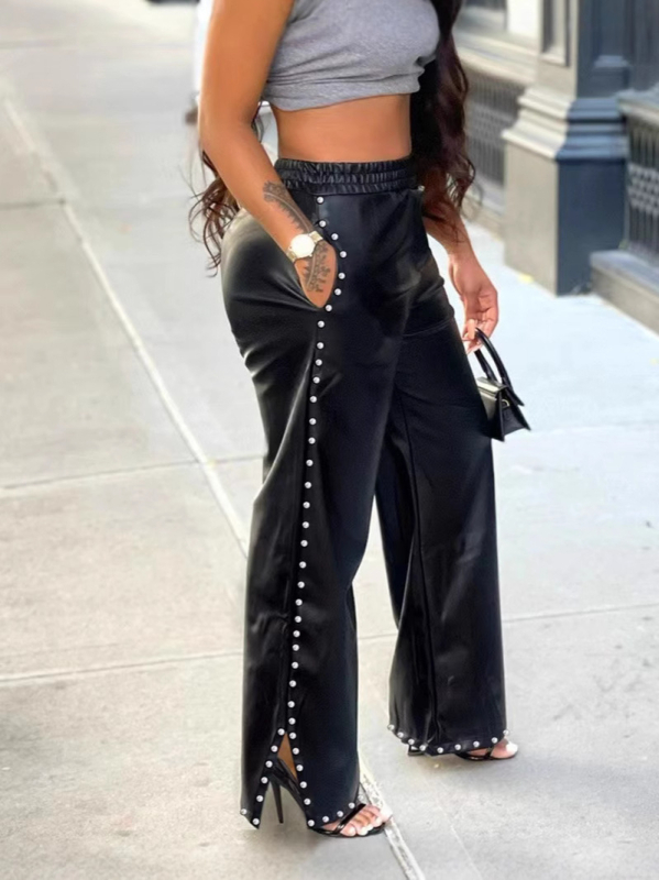 Pantaloni din piele PU, culoare solidă, decor cu mărgele bule, croială lejeră lată, cu buzunare, material PU cu elastan sub 30%