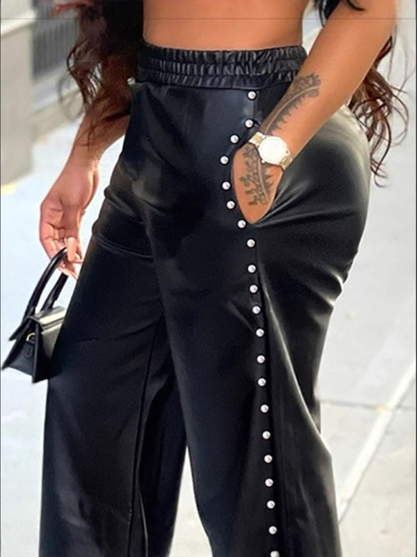Pantaloni din piele PU, culoare solidă, decor cu mărgele bule, croială lejeră lată, cu buzunare, material PU cu elastan sub 30%