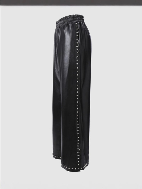 Pantaloni din piele PU, culoare solidă, decor cu mărgele bule, croială lejeră lată, cu buzunare, material PU cu elastan sub 30%