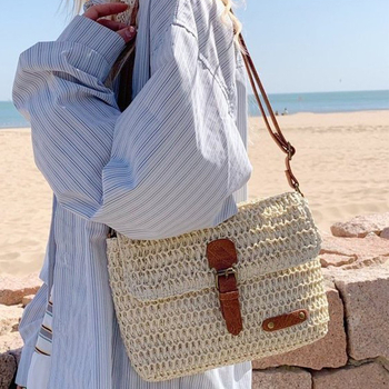 Сламена плетена чанта, ръчна изработка, кръстосана чанта за жени; материал: слама, цип за закопчаване, подплата: полиестер, хоризонтална квадратна форма, вътрешен джоб, Zehui