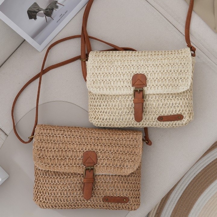 Šiaudų pynimo rankinė, rankų darbo, moterims; medžiaga: šiaudas, užtrauktukas, poliesterio pamušalas, horizontalaus kvadrato formos, vidinė kišenė, Zehui