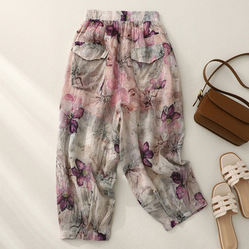 Дамски свободни панталони с принт, конопено-ленен бленд, стил блуумърс, свободна талия, дължина до глезена, тънък плат