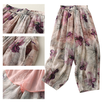 Дамски свободни панталони с принт, конопено-ленен бленд, стил блуумърс, свободна талия, дължина до глезена, тънък плат