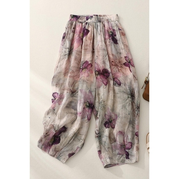Дамски свободни панталони с принт, конопено-ленен бленд, стил блуумърс, свободна талия, дължина до глезена, тънък плат