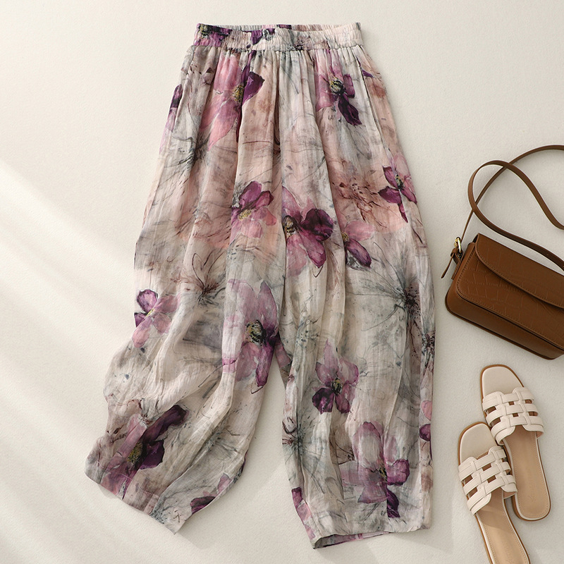 Дамски свободни панталони с принт, конопено-ленен бленд, стил блуумърс, свободна талия, дължина до глезена, тънък плат