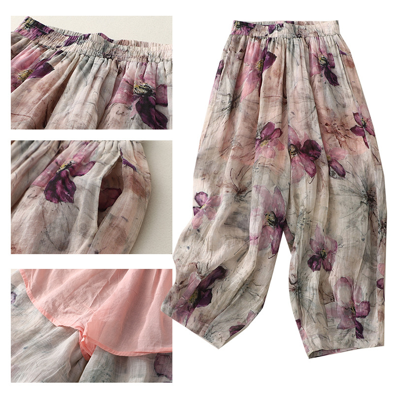 Дамски свободни панталони с принт, конопено-ленен бленд, стил блуумърс, свободна талия, дължина до глезена, тънък плат