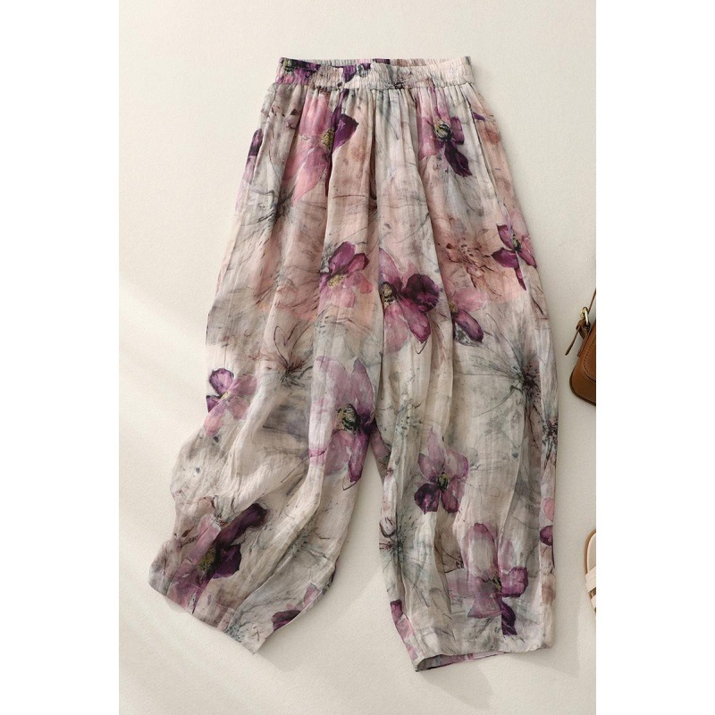 Дамски свободни панталони с принт, конопено-ленен бленд, стил блуумърс, свободна талия, дължина до глезена, тънък плат