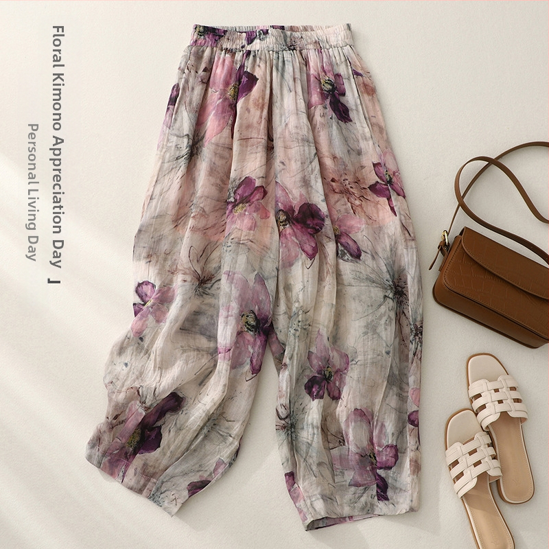 Дамски свободни панталони с принт, конопено-ленен бленд, стил блуумърс, свободна талия, дължина до глезена, тънък плат