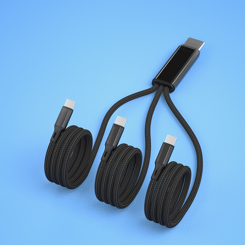 3-в-1 USB-C/Lightning/Micro USB плетен заряден кабел с PD бърз заряд, 22.5W, 1 към 3 разделители