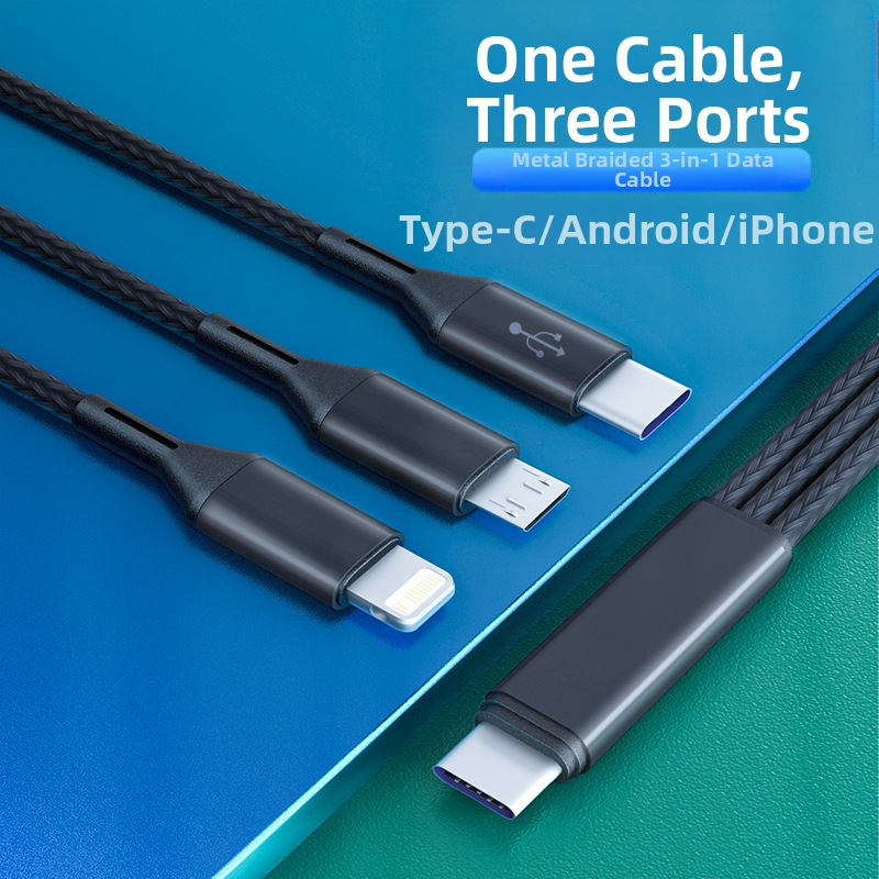 3-в-1 USB-C/Lightning/Micro USB плетен заряден кабел с PD бърз заряд, 22.5W, 1 към 3 разделители