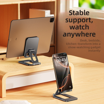 Десктоп държач за телефон и таблет – сгъваем, преносим, алуминиева сплав със силикон против приплъзване, стабилна поддръжка за лайв предавания и учене