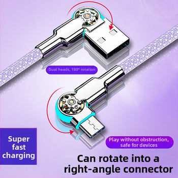 3‑в‑1 кабел за бързо зареждане и пренос на данни USB-C/Lightning/Micro-USB, двойно завъртане на ъгъла, тъкан материал, едно гнездо