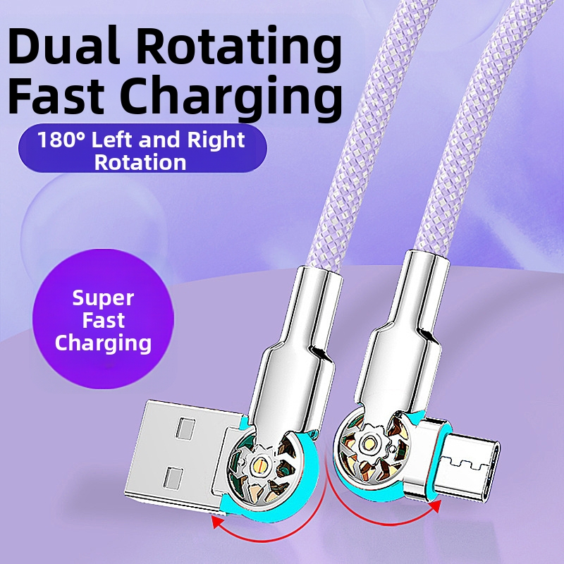 3‑в‑1 кабел за бързо зареждане и пренос на данни USB-C/Lightning/Micro-USB, двойно завъртане на ъгъла, тъкан материал, едно гнездо
