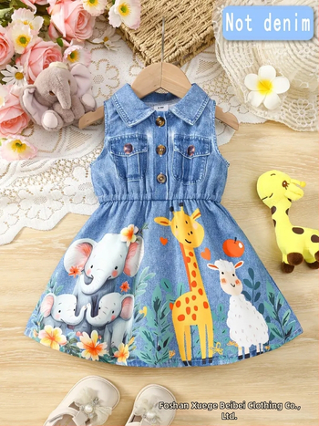 Dievčenské dieťa bez rukávov s golierom na košieľu, digitálna potlač zvierat, štýl princezná, Milk Silk látka, podšívka 100% polyester, 1–3 roky