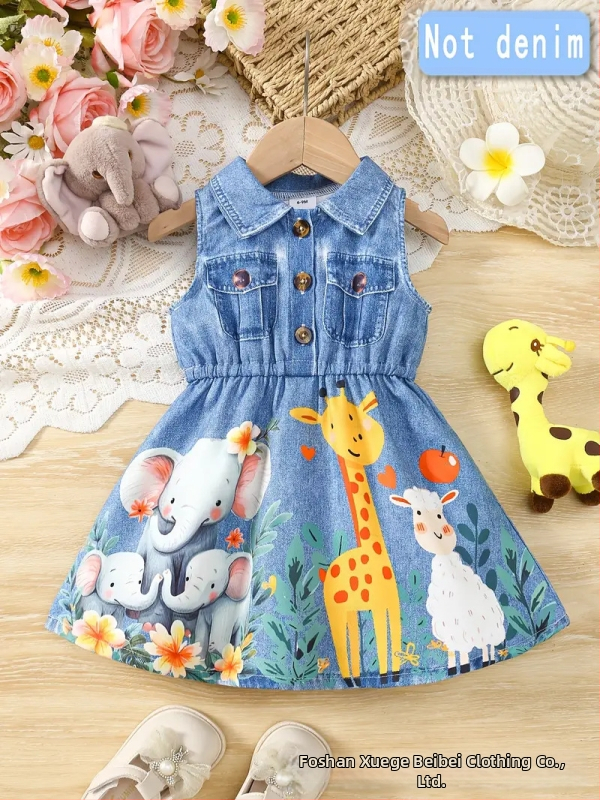 Dievčenské dieťa bez rukávov s golierom na košieľu, digitálna potlač zvierat, štýl princezná, Milk Silk látka, podšívka 100% polyester, 1–3 roky