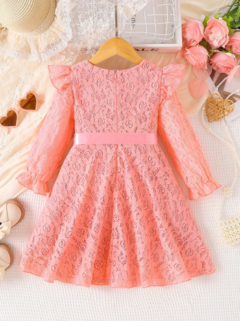 Φόρεμα κοριτσιών σε γραμμή Α, δαντέλα και πολυεστέρας, μακριές μανίκια με ζώνη από δαντέλα, κατάλληλο για άνοιξη και φθινόπωρο, για ηλικίες 3–8 ετών