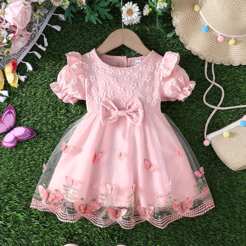 Gyerekeknek készült nyári A-vonalú ruha pillangó-hálós lámpa ujjas, rajzfilm mintával, poliészter anyagból, 1-3 éveseknek