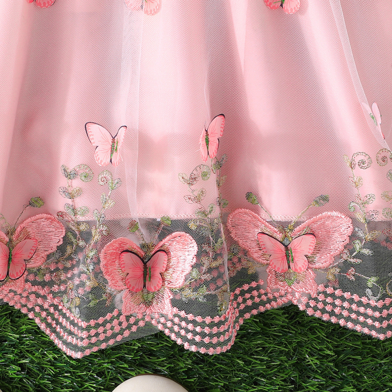 Gyerekeknek készült nyári A-vonalú ruha pillangó-hálós lámpa ujjas, rajzfilm mintával, poliészter anyagból, 1-3 éveseknek