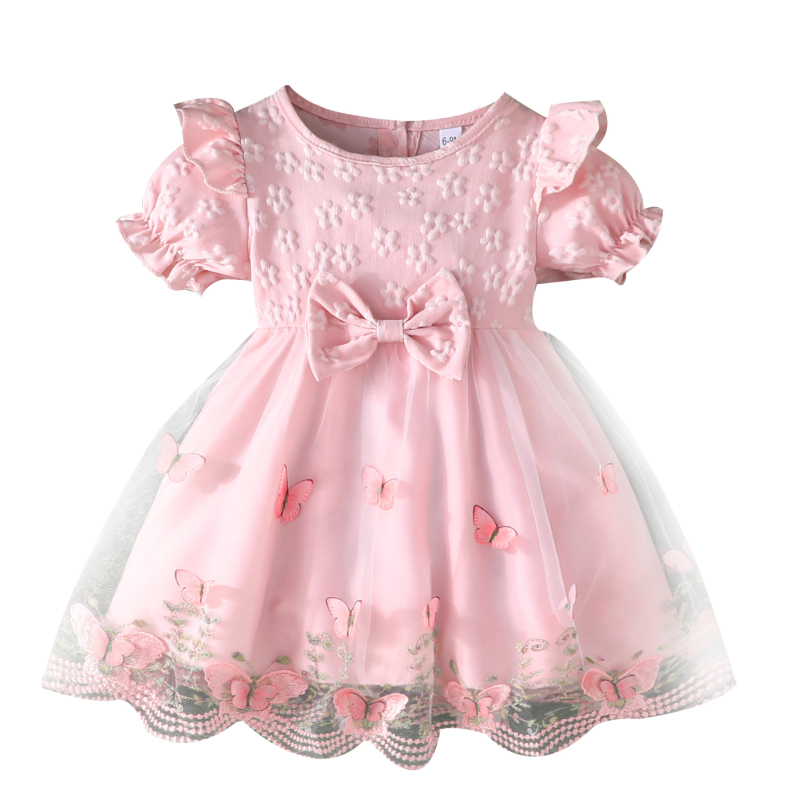 Gyerekeknek készült nyári A-vonalú ruha pillangó-hálós lámpa ujjas, rajzfilm mintával, poliészter anyagból, 1-3 éveseknek