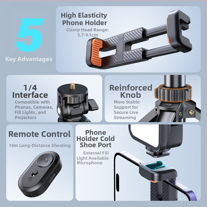 Držiak na telefón na selfie s Bluetooth klipom a svetlom, hliníkový podlahový statív pre vonkajšie fotografovanie - jisnn