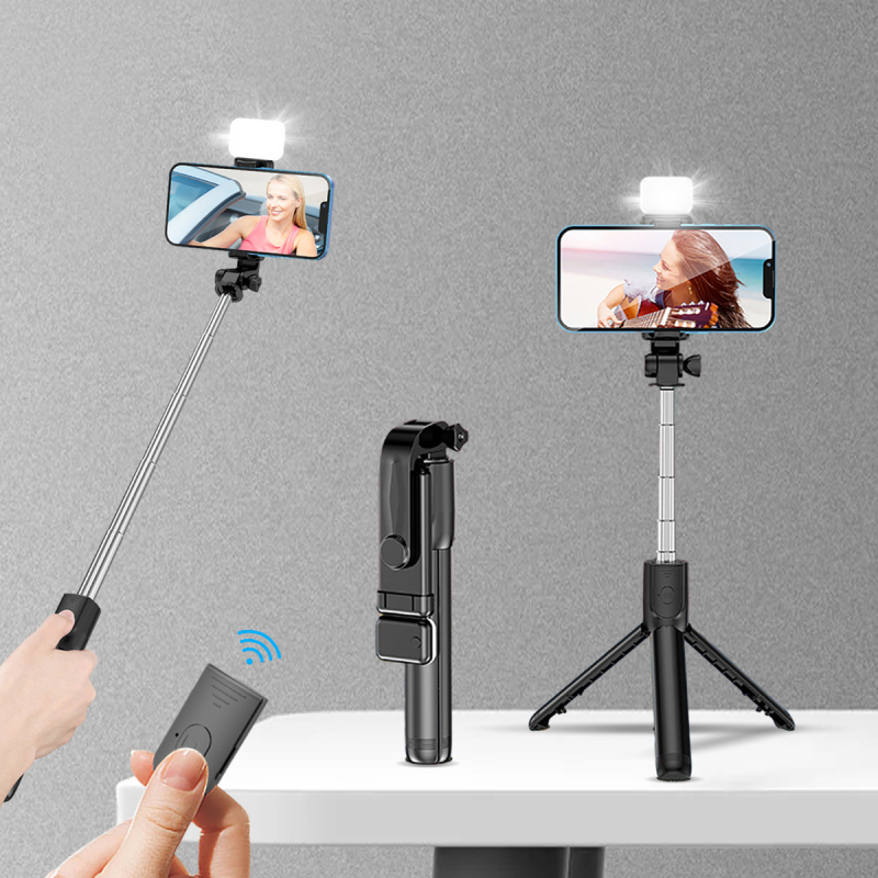 Selfie nūja ar Bluetooth tālvadību, universālais telefona turētājs ar apgaismojumu, plastmasas konstrukcija, atbalsts pielāgošanai