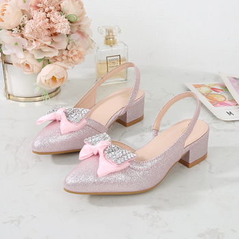 Pantofi cu cristale în formă de fluture pentru fete, stil Slip-On, exterior PU, căptușeală PU, branț PU, talpă TPR, toc 3,5 cm, pentru vârste 7–16 ani