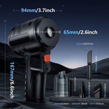 Bevielis rankinis dulkių siurblys namams ir automobiliui — 25 W, siurbimo galia iki 2000 Pa, įdiegta baterija 1600–2000 mAh, plokščias antgalis, veikimo laikas 3–6 h