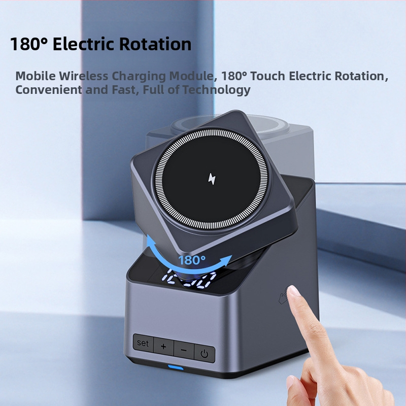 Bezvadu uzlādzējs ar 180° pieskāriena regulēšanu, četrfunkciju rotējošs statīvs, magnētiska bezvadu uzlāde, izeja 5–15W