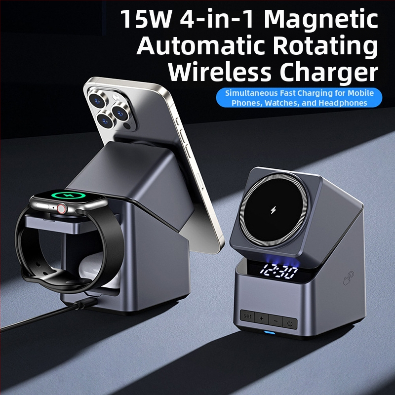 Bezdrôtová nabíjačka s 180° dotykovým nastavením, štvor-in-1 otočný stojan, magnetické bezdrôtové nabíjanie, výstup 5–15W