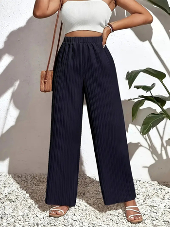 Елегантни панталони с широки крачоли, еластична талия; полиестер 95%+, пролет 2024.