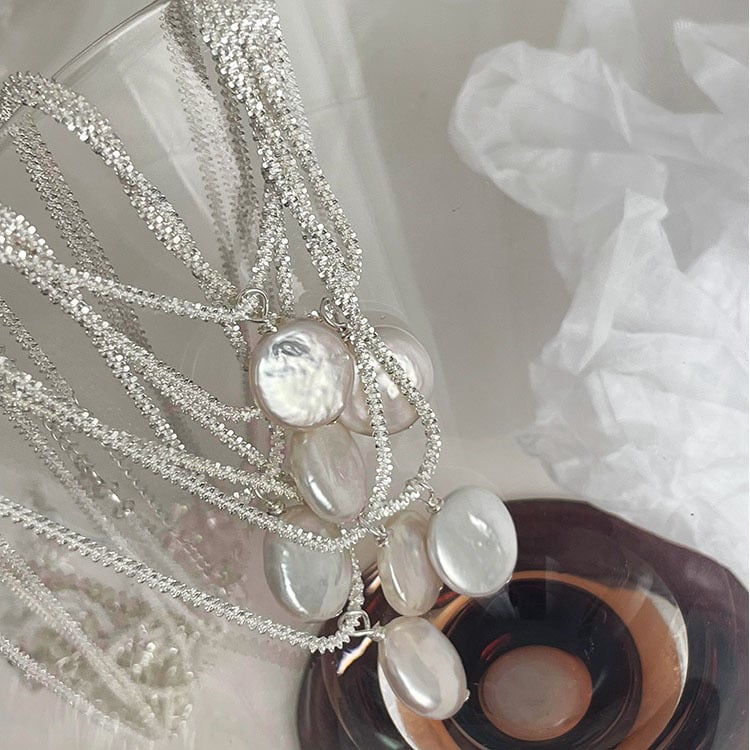 925 ezüst nyaklánc barokk gyöngyökkel, víz-hullám lánccal, palota stílus, irodalmi retro