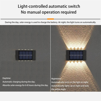 Napelemes kültéri falikar – felülről és alulról világító fal a kerthez, vízálló, 5W, manuális kapcsoló