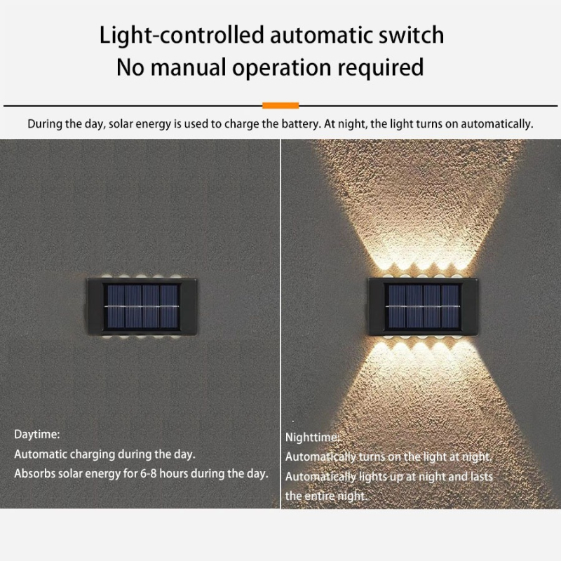 Napelemes kültéri falikar – felülről és alulról világító fal a kerthez, vízálló, 5W, manuális kapcsoló
