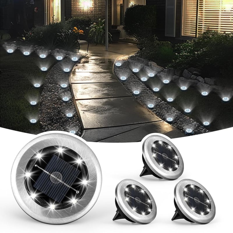 Päikesega töötav maapinnaline LED-lamp aedadele ja sisehoovile, roostevaba teras, 8 LED, mudel dc8127, tööaeg 6–12 tundi