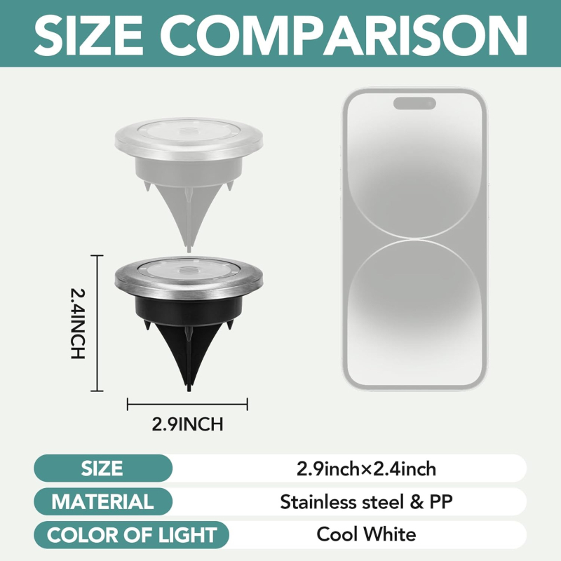 Saulės energijos požeminė LED lemputė kiemui ir sodui, nerūdijantis plienas, 8 LED, modelis dc8127, veikimo laikas 6–12 valandų