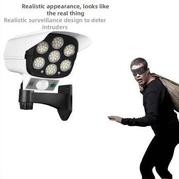 Solárna vonkajšia LED uličná lampa s pohybovým senzorom a dizajnom kamery simulácie, IP65, 10W, 3.7V, životnosť 10 000 h