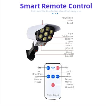 Solárna vonkajšia LED uličná lampa s pohybovým senzorom a dizajnom kamery simulácie, IP65, 10W, 3.7V, životnosť 10 000 h